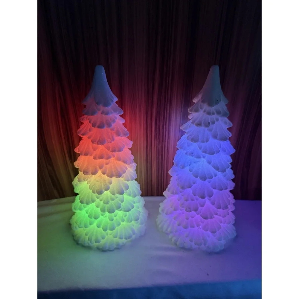 Set of 2 Lighted Color Changing LED Christmas Trees Glitter White Battery Operat